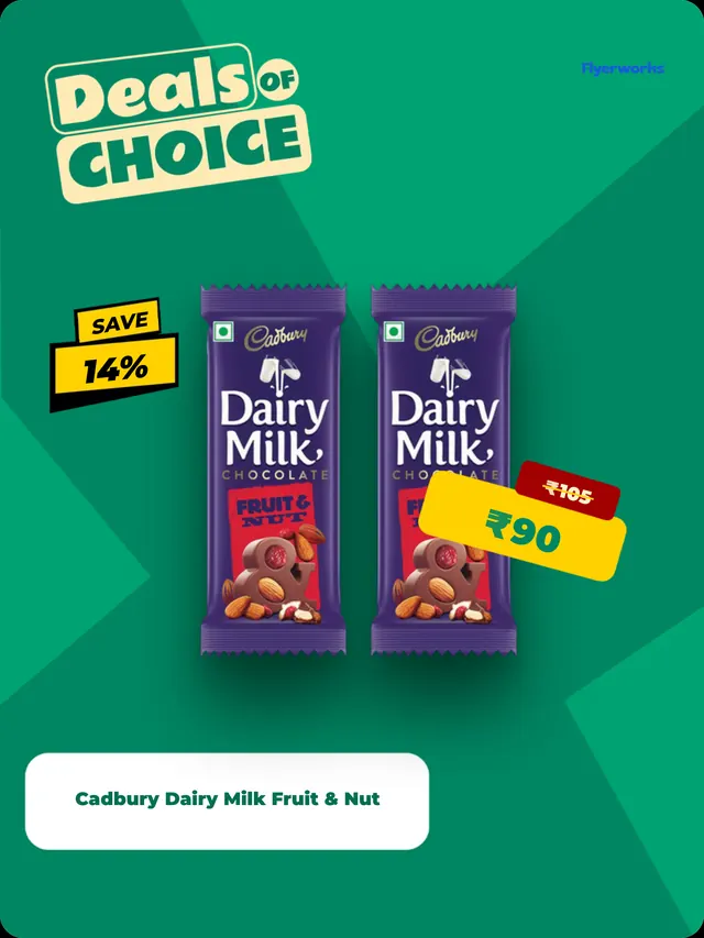 "Cadbury Dairy Milk Fruit And Nut" shelf tag template for Christmas promotions, designed in Flyerworks