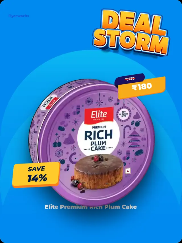 "Elite Premium Rich Plum Cake" shelf tag template for Christmas promotions, designed in Flyerworks
