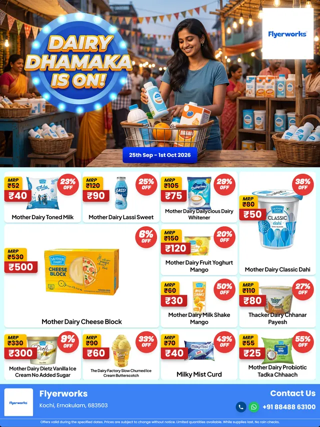 "Dairy Dhamaka Is On" dairy store promotional flyer template, designed in Flyerworks