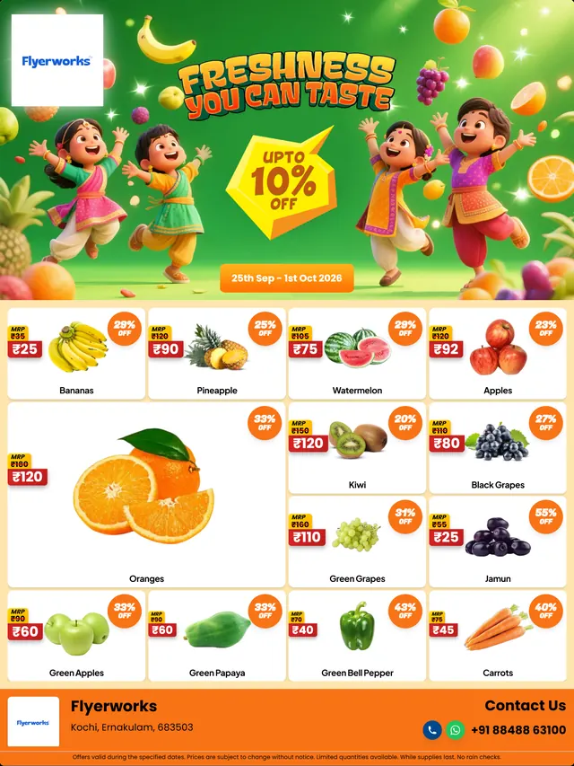 "Tropical Savings Fest" fruit and vegetable shop promotional flyer template, designed in Flyerworks