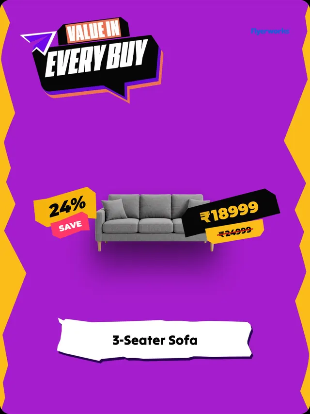 "3 Seater Sofa" furniture store shelf tag template, designed in Flyerworks