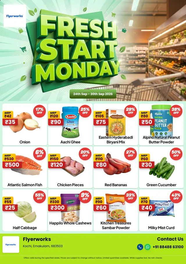 "Fresh Monday" grocery store promotional flyer template, designed in Flyerworks