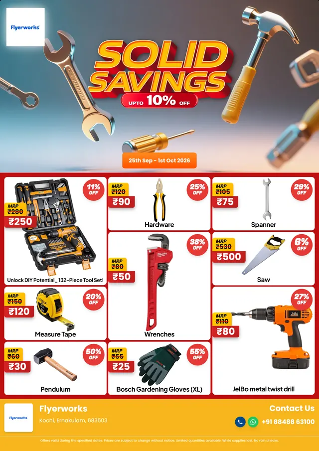 "Toolbox Specials" hardware store promotional flyer template, designed in Flyerworks