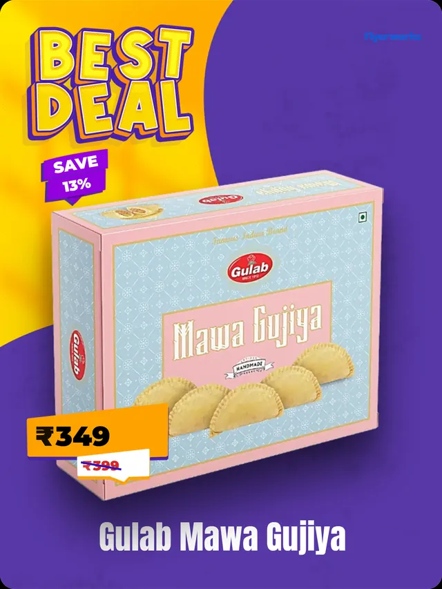 "Gulab Mawa Gujiya" shelf tag template for Holi promotions, designed in Flyerworks