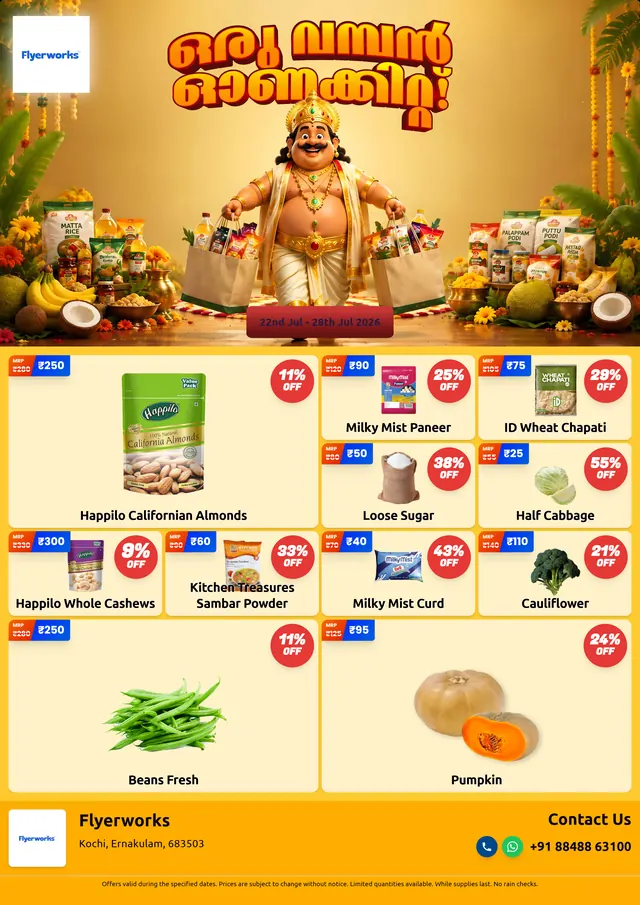 "Labhavum Bhagyavum Orumichu" sale flyer template for Onam promotions, designed in Flyerworks