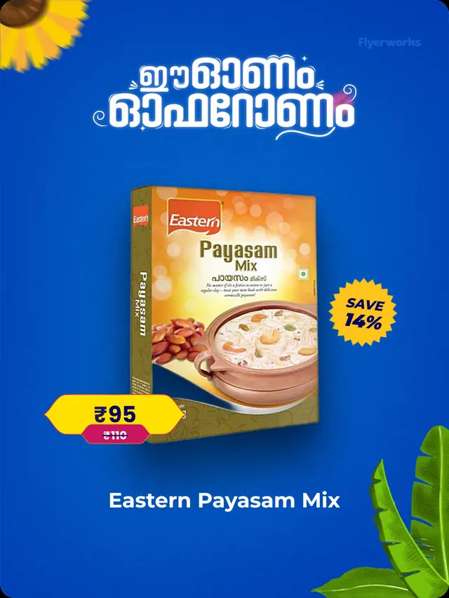 "Eastern Payasam Mix" shelf tag template for Onam promotions, designed in Flyerworks