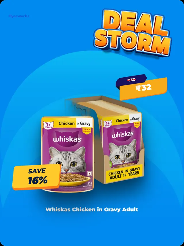 "Whiskas Chicken In Gravy Adult" pet store shelf tag template, designed in Flyerworks