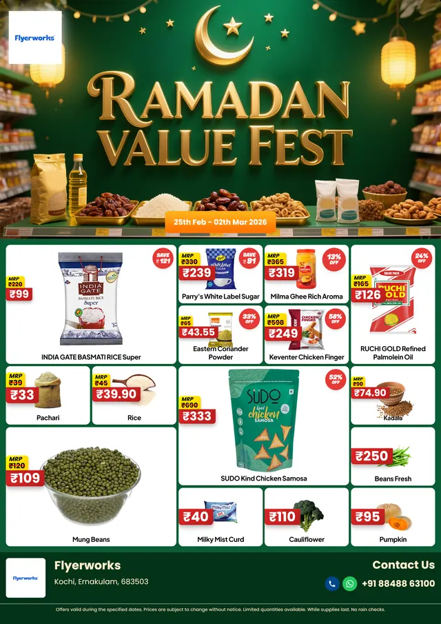 "Gather Celebrate Repeat" sale flyer template for Ramadan promotions, designed in Flyerworks