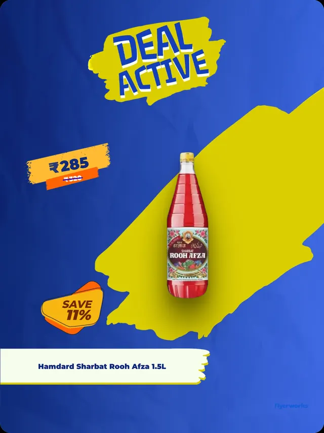 "Hamdard Sharbat Rooh Afza 1-5L" shelf tag template for Ramadan promotions, designed in Flyerworks