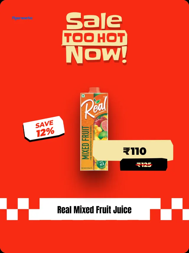 "Real Mixed Fruit Juice" shelf tag template for Ramadan promotions, designed in Flyerworks