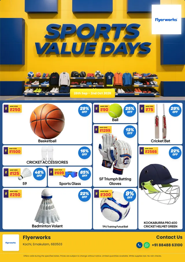 "Sports Deals Circle, design 2" sports store promotional flyer template, designed in Flyerworks