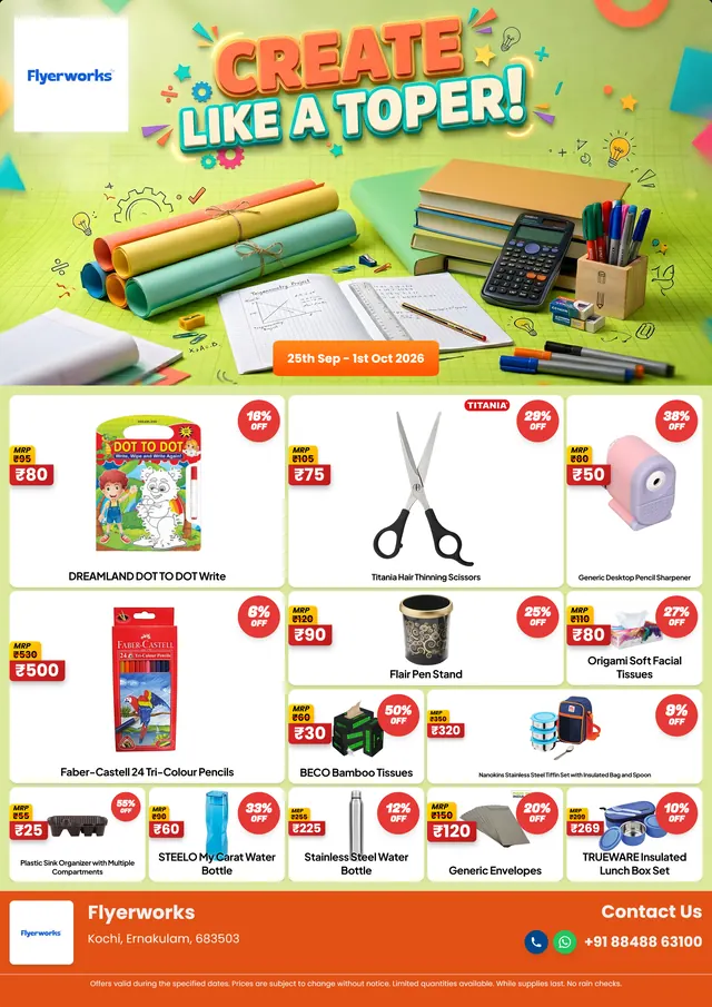 "Monsoon Student Sale" stationery store promotional flyer template, designed in Flyerworks