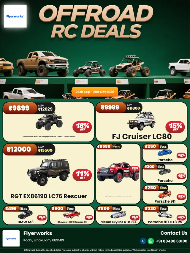 "Power RC Offroad, design 2" toy store promotional flyer template, designed in Flyerworks