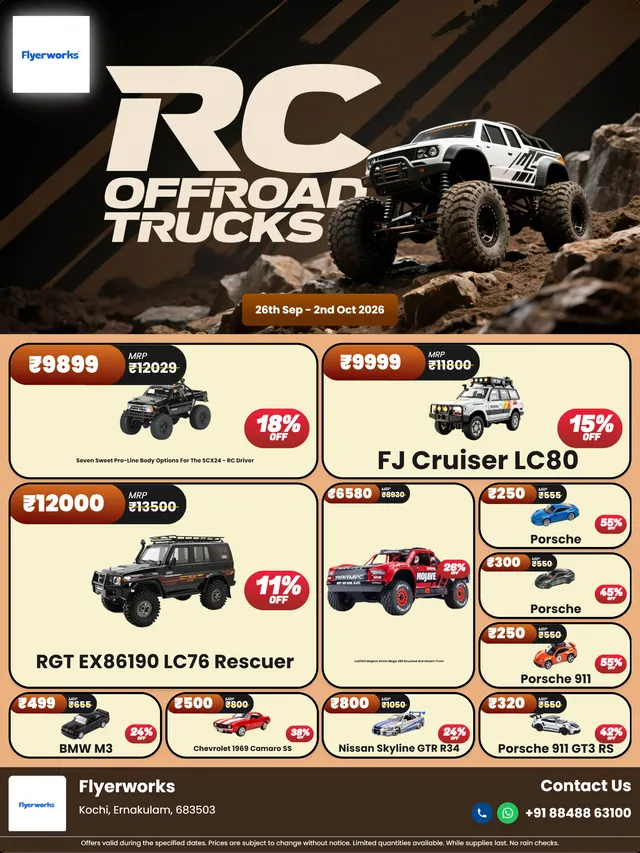 "Power RC Offroad" toy store promotional flyer template, designed in Flyerworks