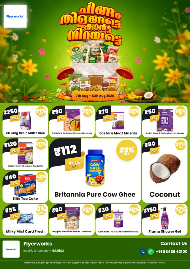 "Onam" convenience store promotional flyer template, designed in Flyerworks