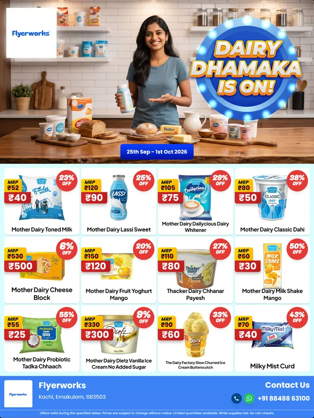 "Dairy Dhamaka Is On, design 2" dairy store promotional flyer template, designed in Flyerworks
