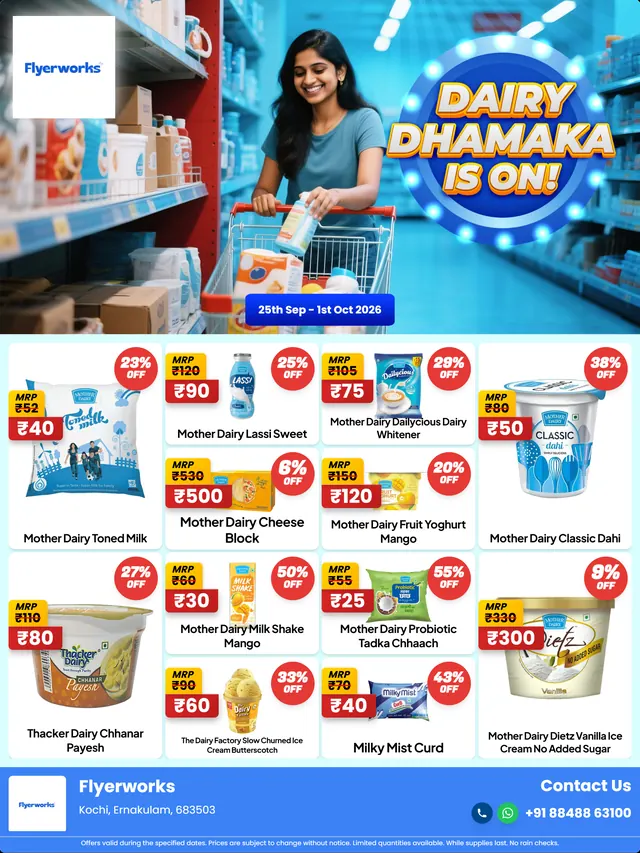 "Dairy Dhamaka Is On, design 3" dairy store promotional flyer template, designed in Flyerworks