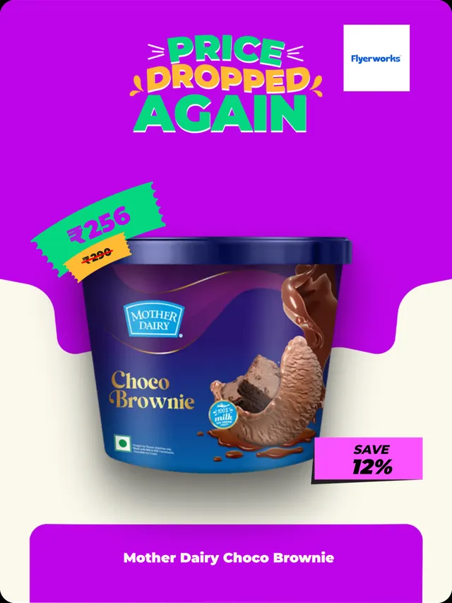 "Mother Dairy Choco Brownie" dairy store shelf tag template, designed in Flyerworks