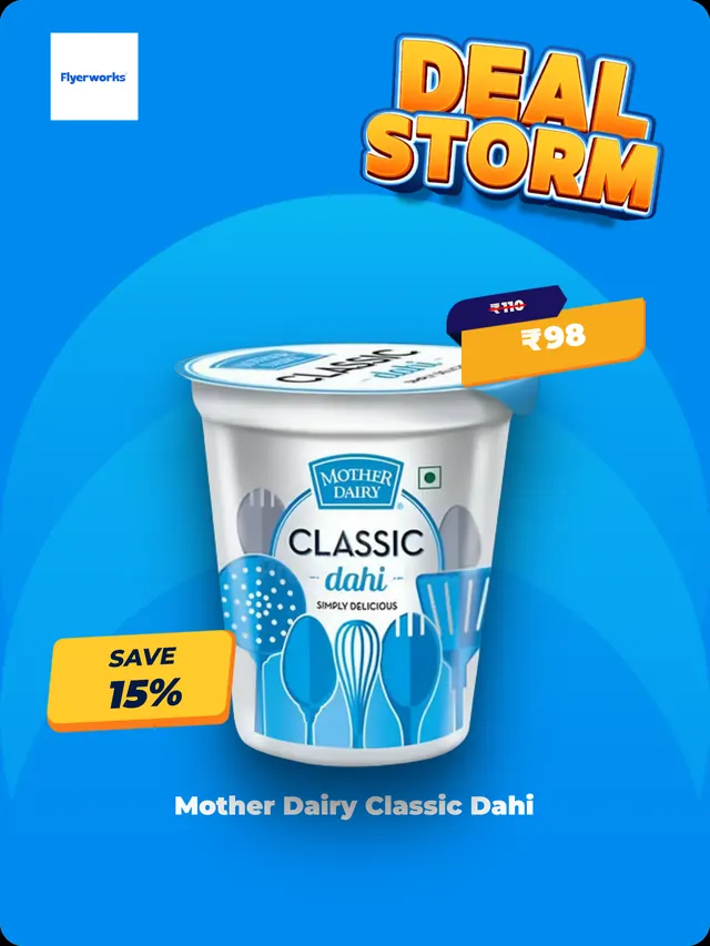 "Mother Dairy Classic Dahi" dairy store shelf tag template, designed in Flyerworks