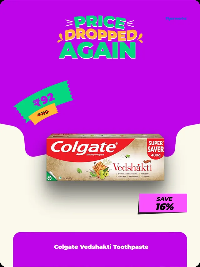 "Colgate Vedshakti Toothpaste" department store shelf tag template, designed in Flyerworks
