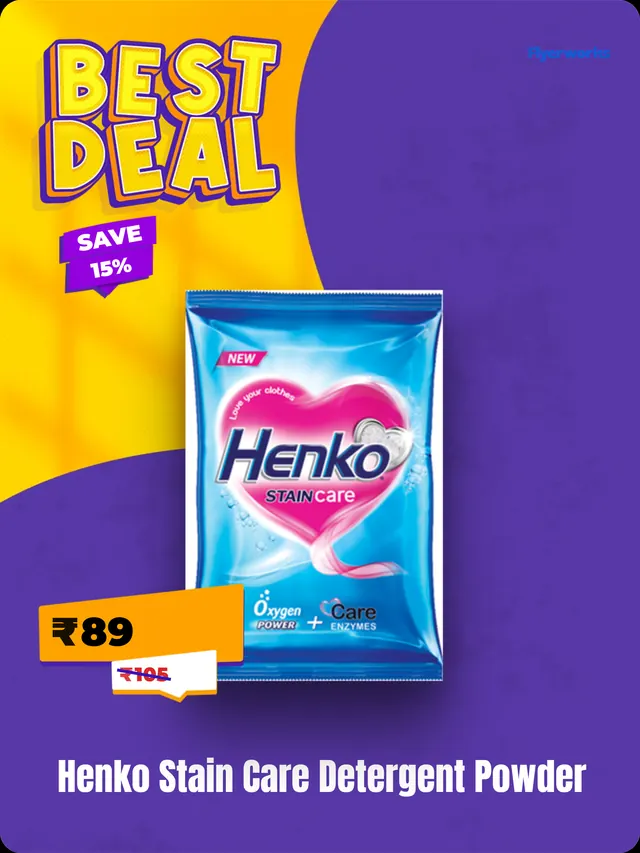 "Henko Stain Care Detergent Powder" department store shelf tag template, designed in Flyerworks