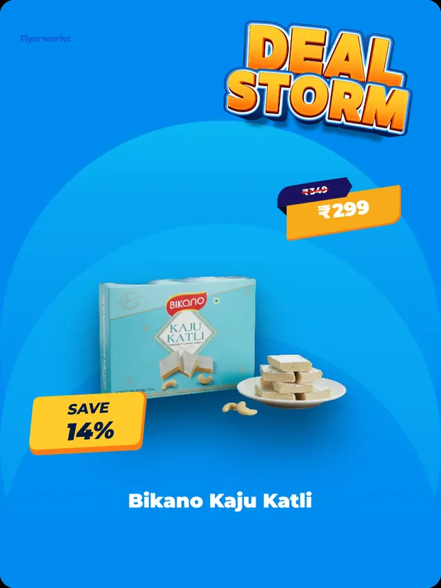 "Bikano Kaju Katli" shelf tag template for Diwali promotions, designed in Flyerworks