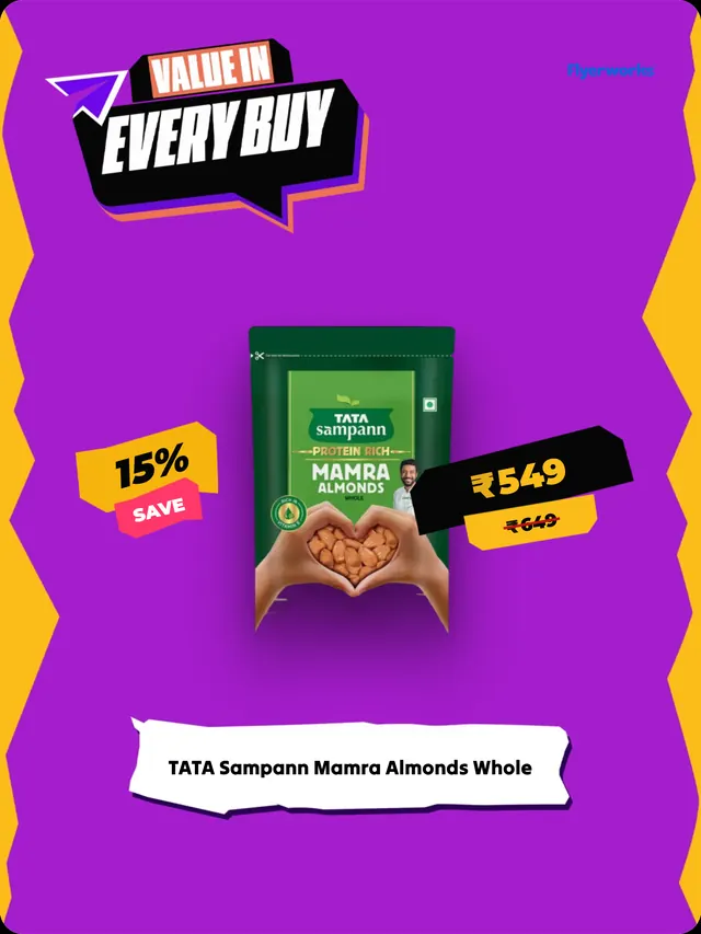 "Tata Sampann Mamra Almonds Whole" shelf tag template for Diwali promotions, designed in Flyerworks
