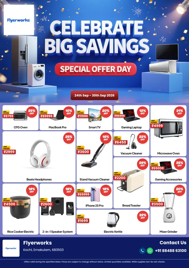 "Celebrate Big Savings Day" electronics store promotional flyer template, designed in Flyerworks