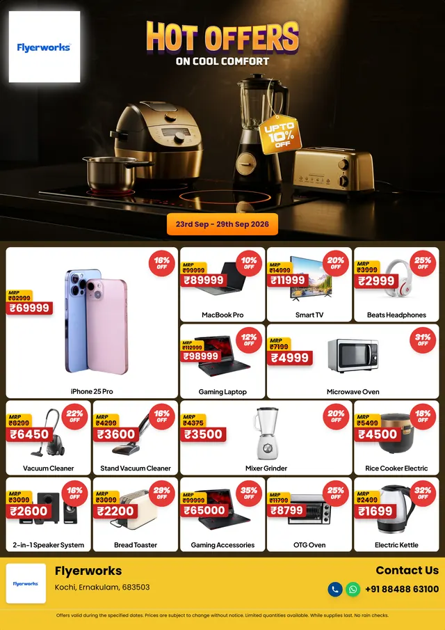 "Hot Offers On Cool Comfort" electronics store promotional flyer template, designed in Flyerworks