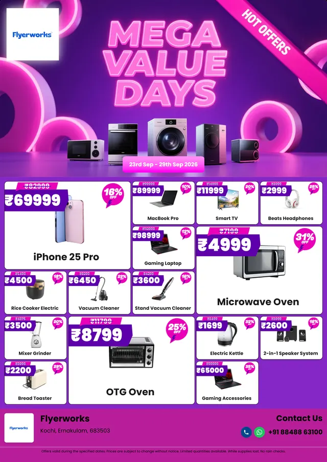 "Mega Value Days" electronics store promotional flyer template, designed in Flyerworks
