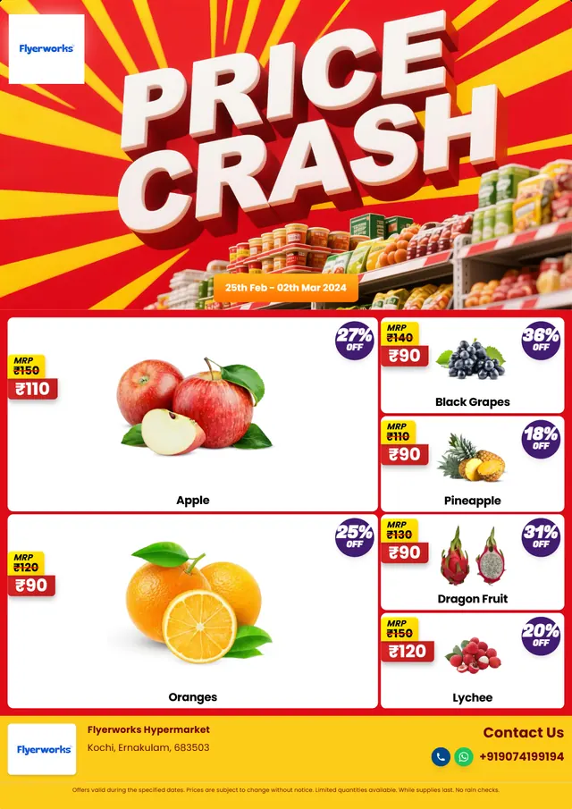 "Price Crash" fresh produce promotional flyer template, designed in Flyerworks