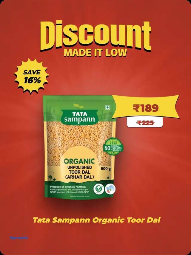 "Tata Sampann Organic Toor Dal" grocery store shelf tag template, designed in Flyerworks