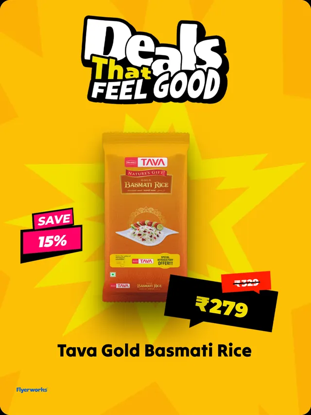 "Tava Gold Basmati Rice" grocery store shelf tag template, designed in Flyerworks