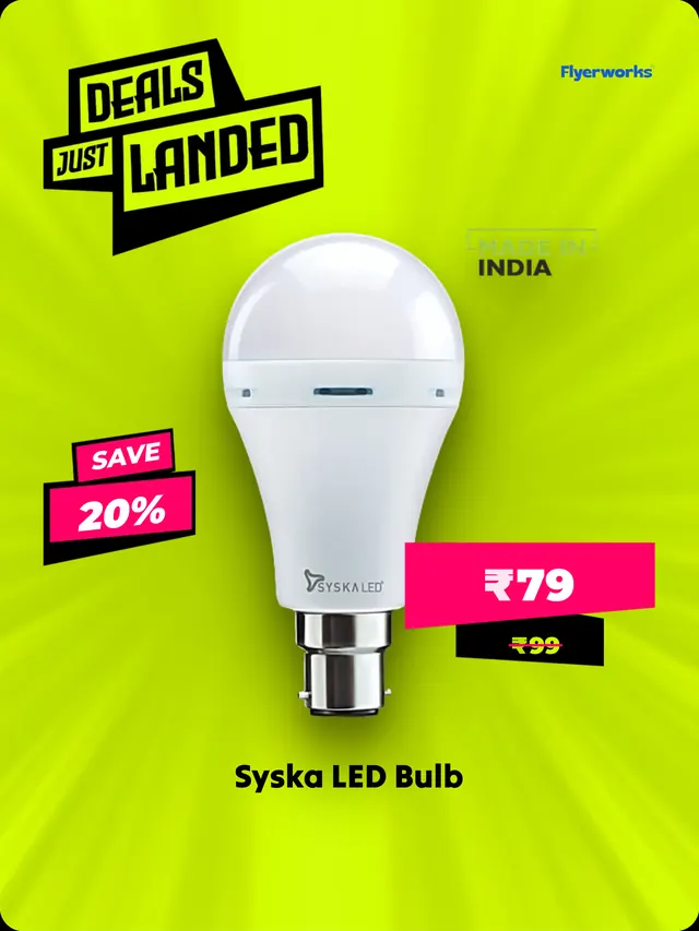 "Syska Led Bulb" hardware store shelf tag template, designed in Flyerworks