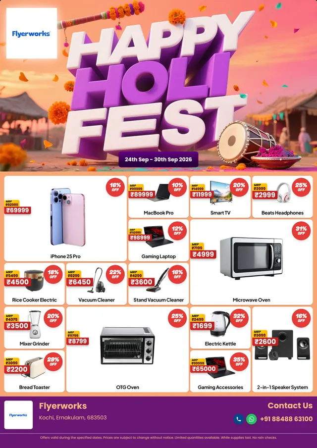 "Holi, design 2" sale flyer template for Holi promotions, designed in Flyerworks