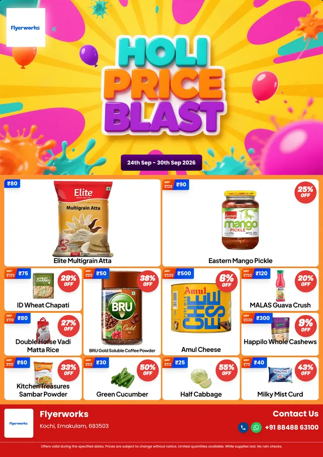Sale flyer template for Holi promotions, designed in Flyerworks