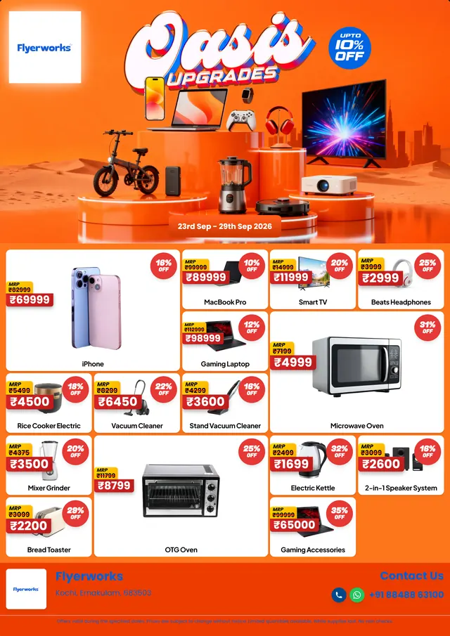 "Oasis Upgrades" home appliance store promotional flyer template, designed in Flyerworks
