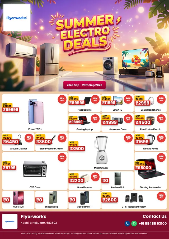 "Summer Electro Deals" home appliance store promotional flyer template, designed in Flyerworks