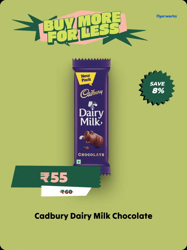 "Cadbury Dairy Milk Chocolate" shelf tag template for Independence Day promotions, designed in Flyerworks