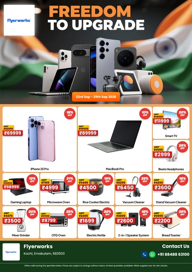 "Freedom To Upgrade" mobile phone shop promotional flyer template, designed in Flyerworks