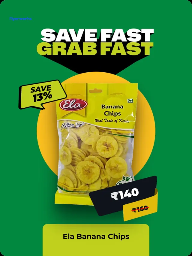 "Ela Banana Chips" shelf tag template for Onam promotions, designed in Flyerworks
