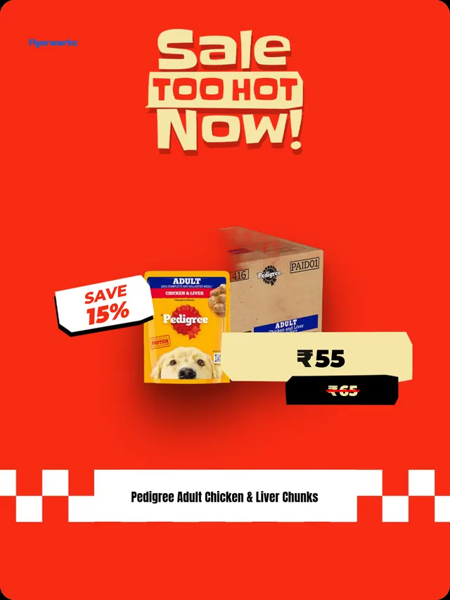 "Pedigree Adult Chicken And Liver Chunks" pet store shelf tag template, designed in Flyerworks