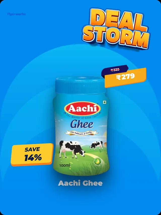 "Aachi Ghee" shelf tag template for Pongal promotions, designed in Flyerworks