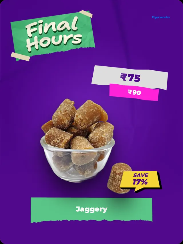 "Jaggery" shelf tag template for Pongal promotions, designed in Flyerworks