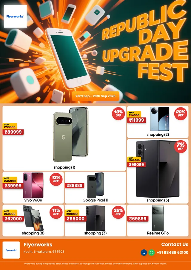 "Mobile Mania Flyer, design 2" sale flyer template for Republic Day promotions, designed in Flyerworks
