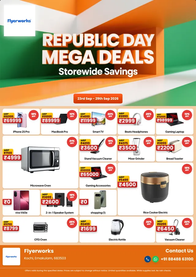 "Summer Electro Deals" sale flyer template for Republic Day promotions, designed in Flyerworks