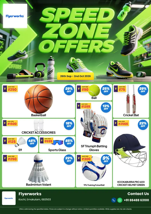 "Sports Deals Circle, design 3" sports store promotional flyer template, designed in Flyerworks
