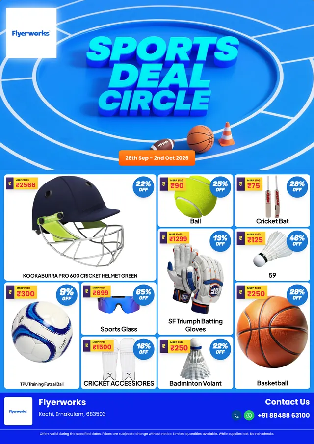 "Sports Deals Circle, design 4" sports store promotional flyer template, designed in Flyerworks