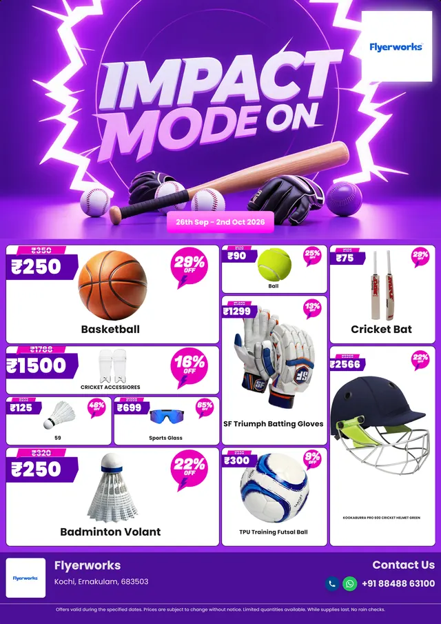 "Sports Deals Circle" sports store promotional flyer template, designed in Flyerworks