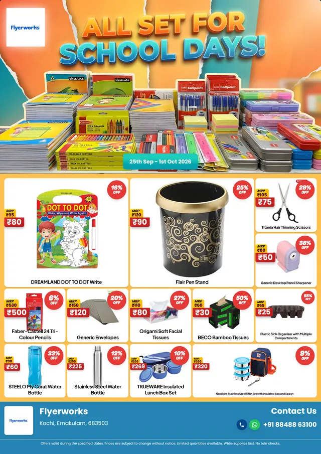 "Monsoon Student Sale, design 3" stationery store promotional flyer template, designed in Flyerworks